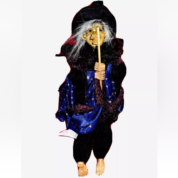 GANZ WITCH scary DOLL 15” Purple Cape Black Hat Gold Star Dress ON BROOM creepy - Picture 1 of 11